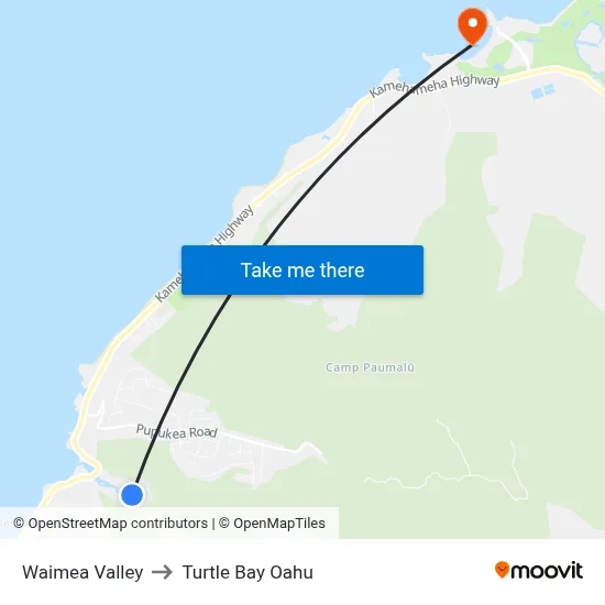 Waimea Valley to Turtle Bay Oahu map