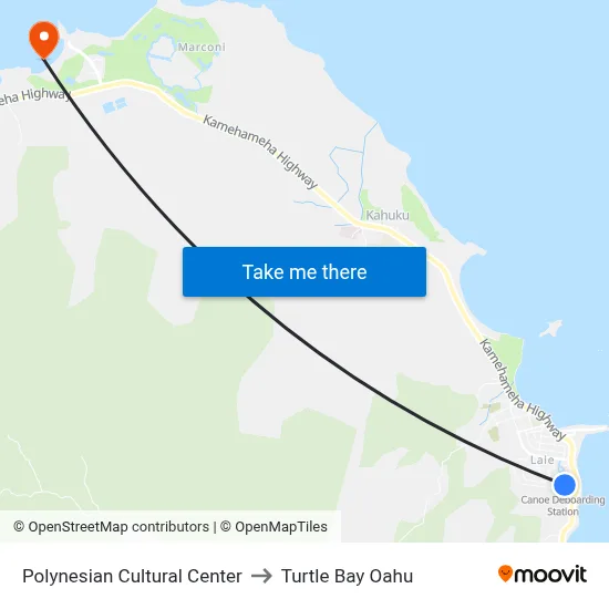 Polynesian Cultural Center to Turtle Bay Oahu map