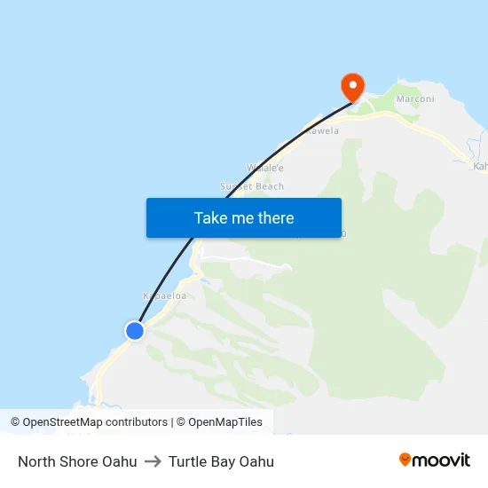 North Shore Oahu to Turtle Bay Oahu map