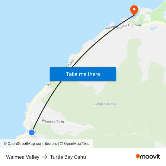 Waimea Valley to Turtle Bay Oahu map