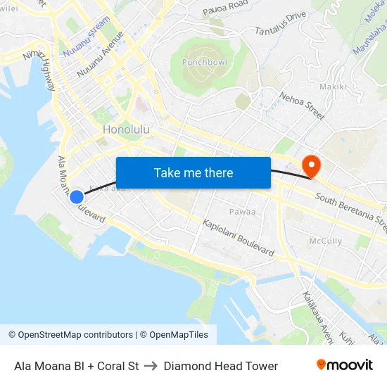 Ala Moana Bl + Coral St to Diamond Head Tower map
