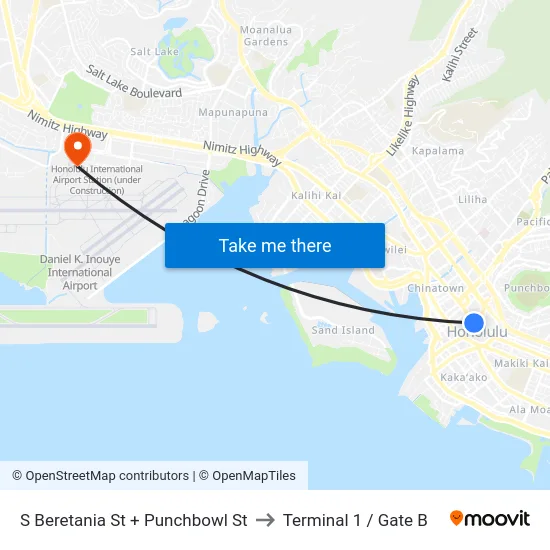 S Beretania St + Punchbowl St to Terminal 1 / Gate B map