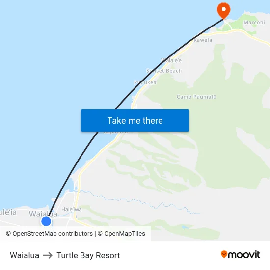 Waialua to Turtle Bay Resort map