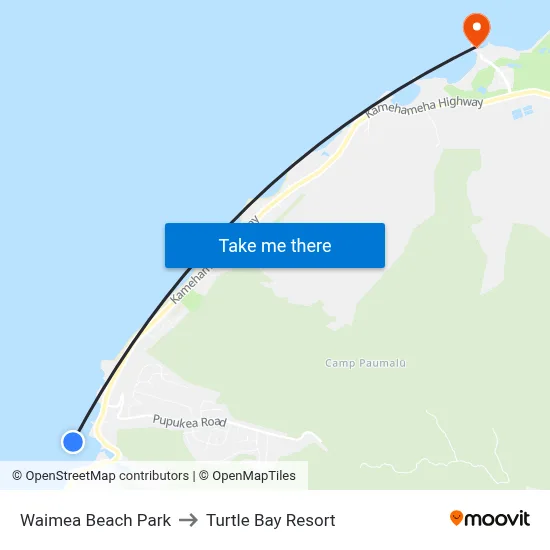 Waimea Beach Park to Turtle Bay Resort map