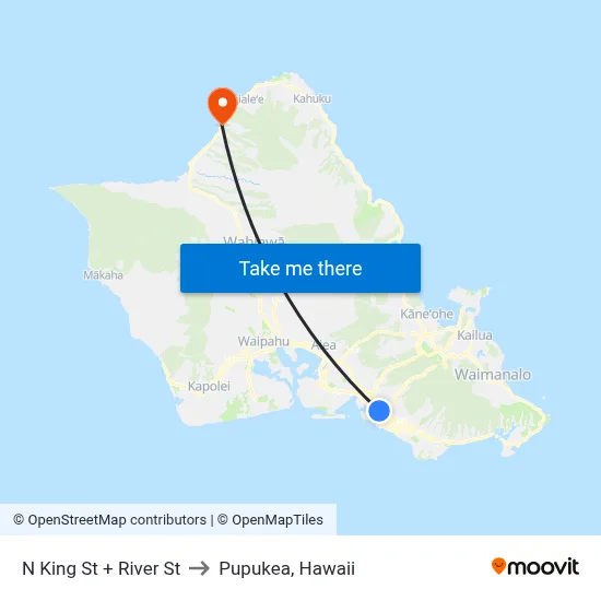 N King St + River St to Pupukea, Hawaii map