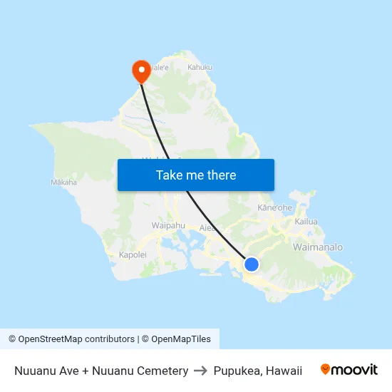 Nuuanu Ave + Nuuanu Cemetery to Pupukea, Hawaii map