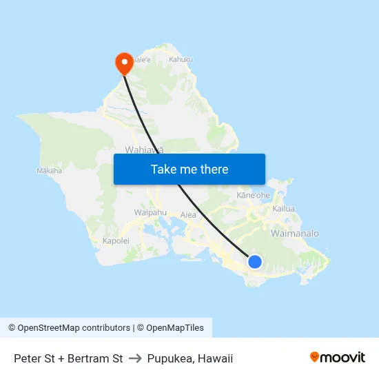 Peter St + Bertram St to Pupukea, Hawaii map