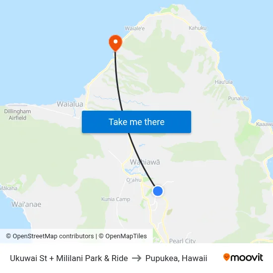 Ukuwai St + Mililani Park & Ride to Pupukea, Hawaii map