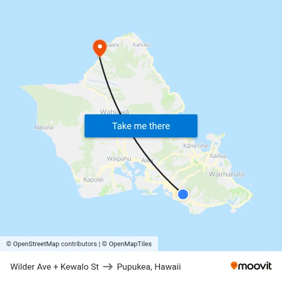Wilder Ave + Kewalo St to Pupukea, Hawaii map