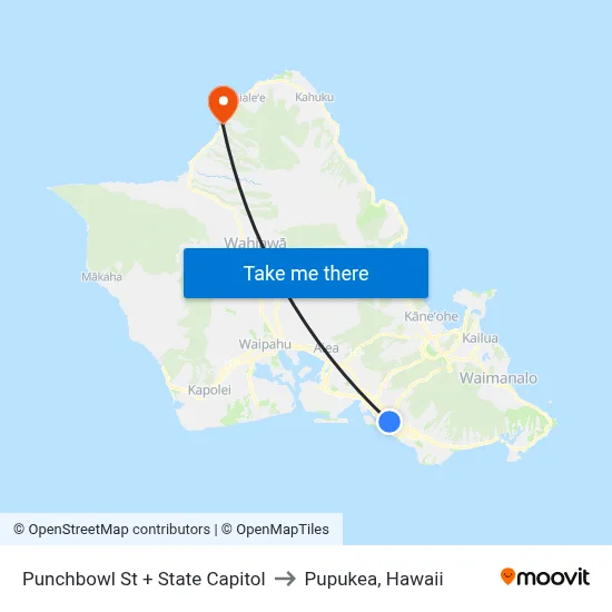 Punchbowl St + State Capitol to Pupukea, Hawaii map