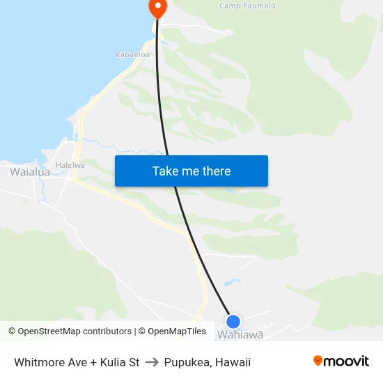 Whitmore Ave + Kulia St to Pupukea, Hawaii map