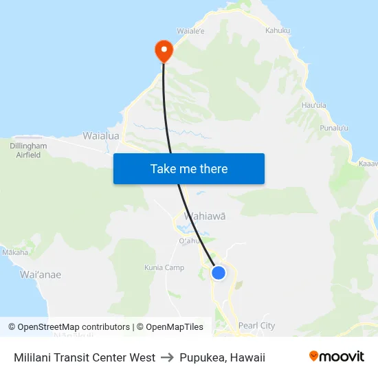 Mililani Transit Center West to Pupukea, Hawaii map