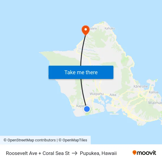 Roosevelt Ave + Coral Sea St to Pupukea, Hawaii map