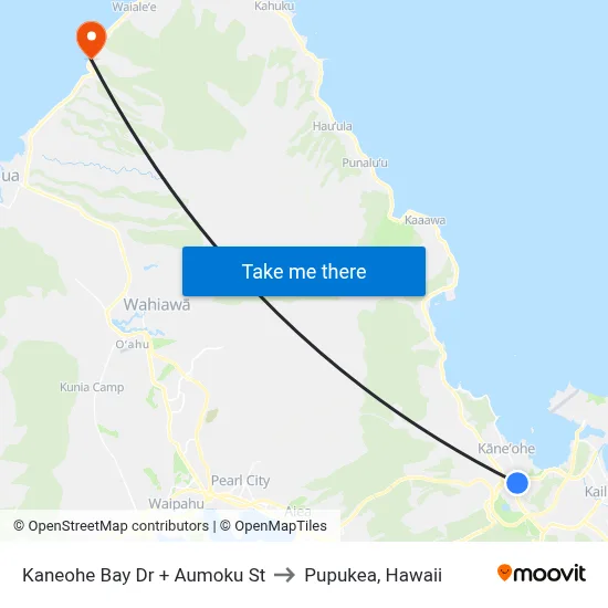 Kaneohe Bay Dr + Aumoku St to Pupukea, Hawaii map