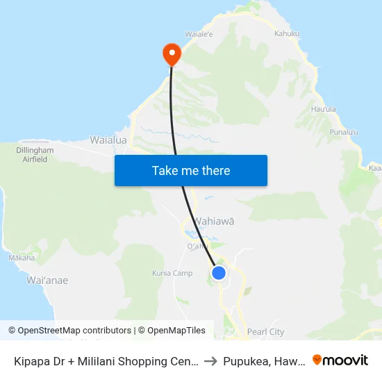 Kipapa Dr + Mililani Shopping Center to Pupukea, Hawaii map
