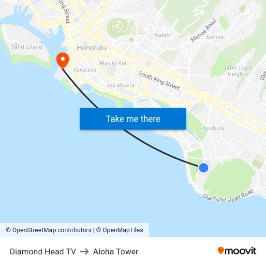 Diamond Head TV to Aloha Tower map
