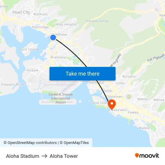 Aloha Stadium to Aloha Tower map