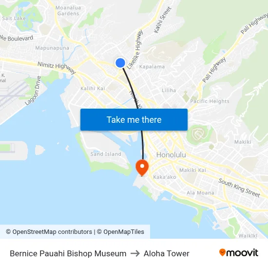 Bernice Pauahi Bishop Museum to Aloha Tower map