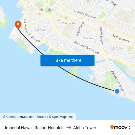 Imperial Hawaii Resort Honolulu to Aloha Tower map
