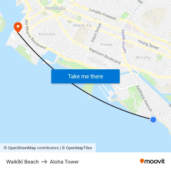 Waikīkī Beach to Aloha Tower map