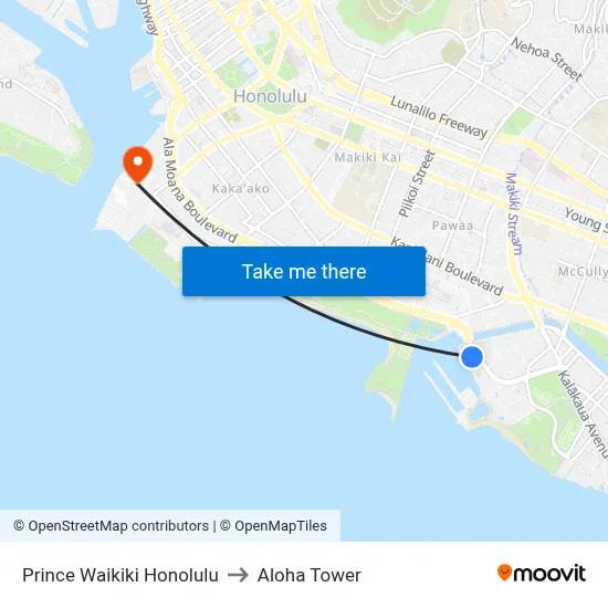 Prince Waikiki Honolulu to Aloha Tower map
