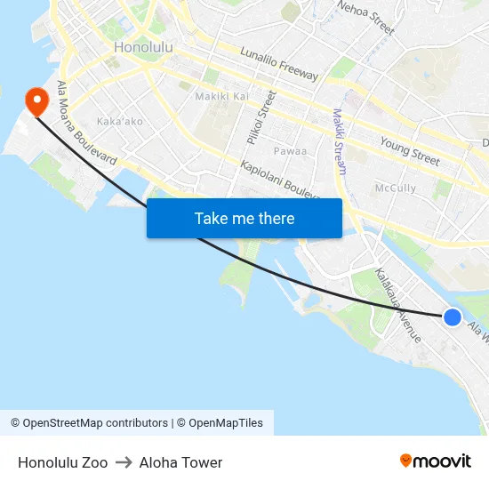 Honolulu Zoo to Aloha Tower map