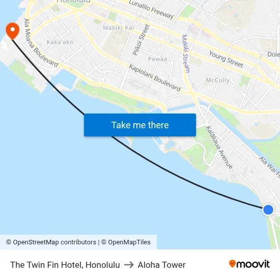 The Twin Fin Hotel, Honolulu to Aloha Tower map