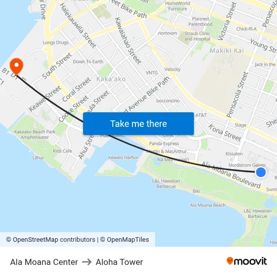 Ala Moana Center to Aloha Tower map