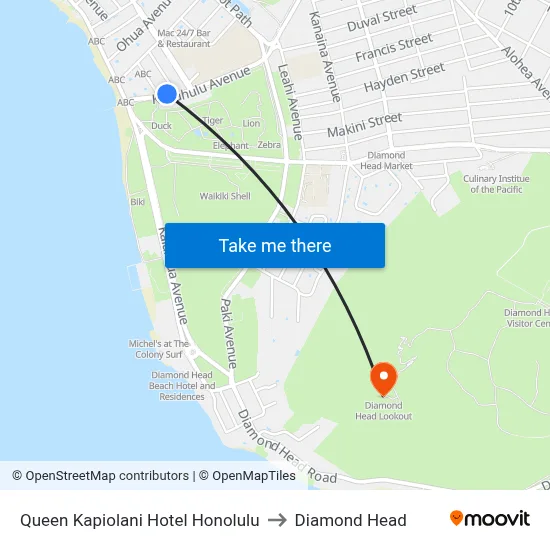 Queen Kapiolani Hotel Honolulu to Diamond Head map