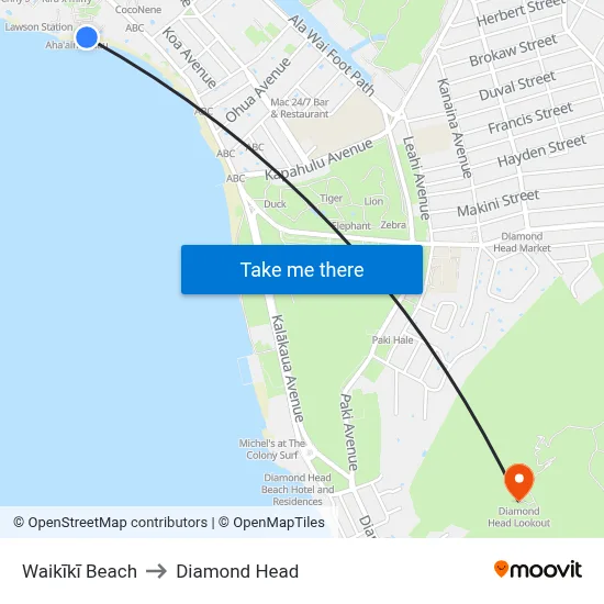 Waikīkī Beach to Diamond Head map