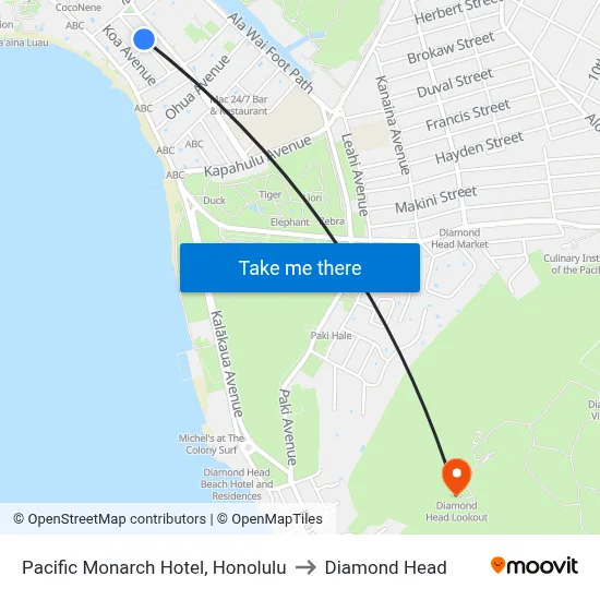 Pacific Monarch Hotel, Honolulu to Diamond Head map