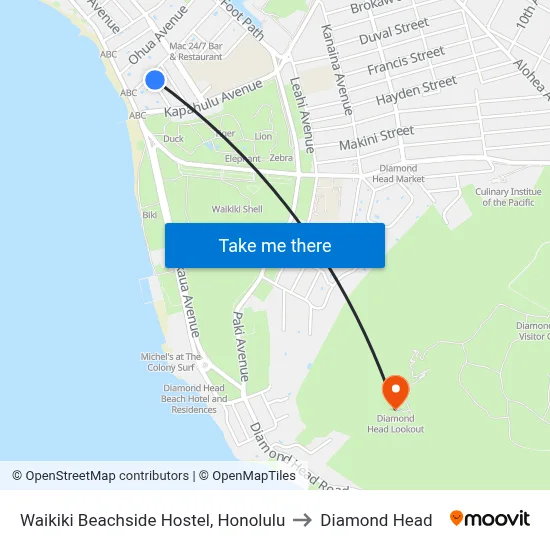 Waikiki Beachside Hostel, Honolulu to Diamond Head map