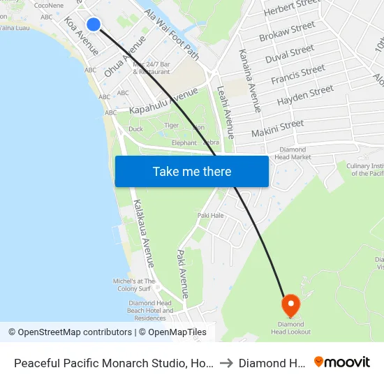 Peaceful Pacific Monarch Studio, Honolulu to Diamond Head map