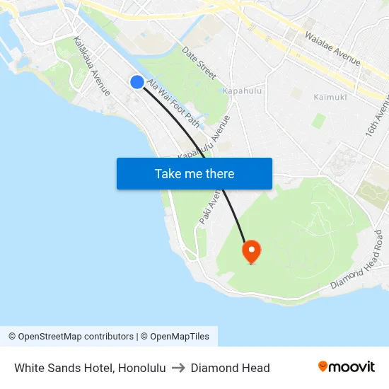 White Sands Hotel, Honolulu to Diamond Head map