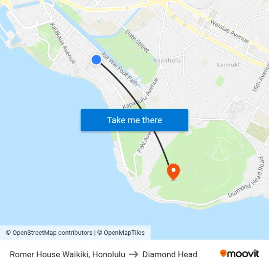 Romer House Waikiki, Honolulu to Diamond Head map