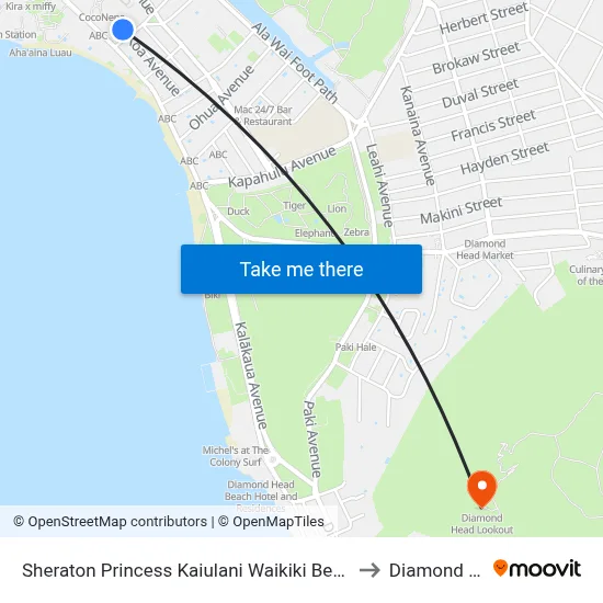 Sheraton Princess Kaiulani Waikiki Beach, Honolulu to Diamond Head map