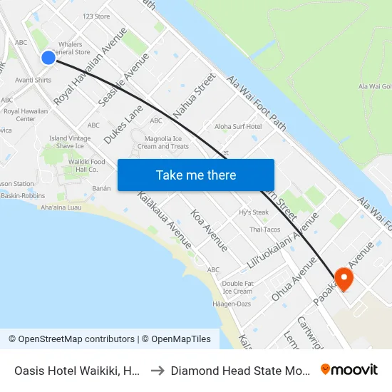 Oasis Hotel Waikiki, Honolulu to Diamond Head State Monument map