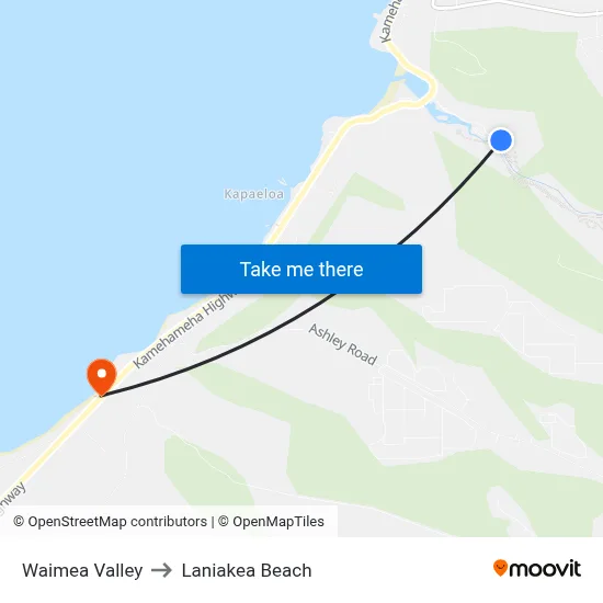 Waimea Valley to Laniakea Beach map