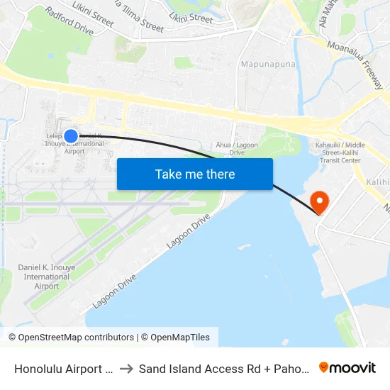 Honolulu Airport HNL to Sand Island Access Rd + Pahounui Dr map