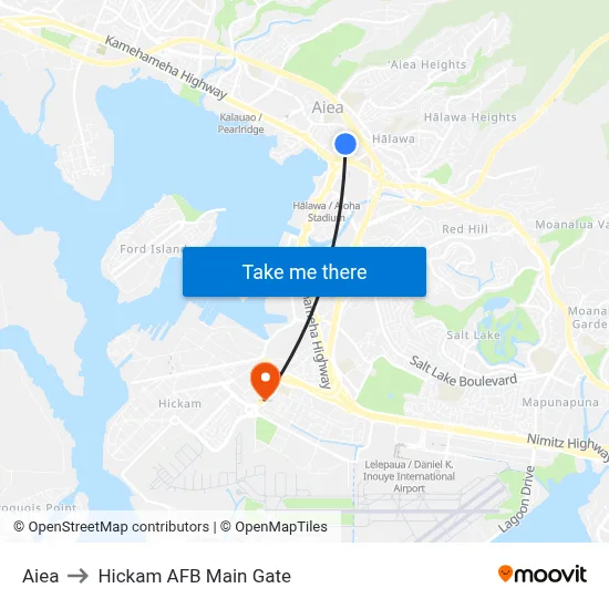 Aiea to Hickam AFB Main Gate map