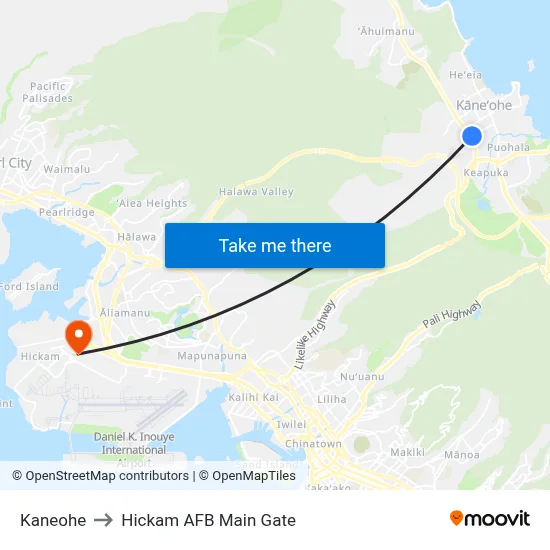Kaneohe to Hickam AFB Main Gate map