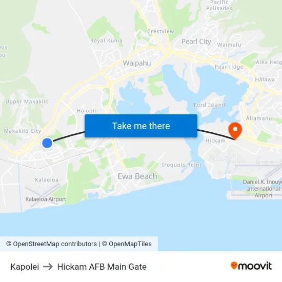Kapolei to Hickam AFB Main Gate map