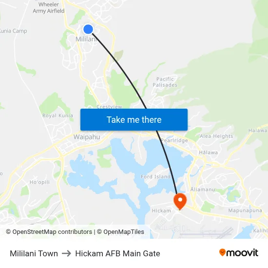Mililani Town to Hickam AFB Main Gate map