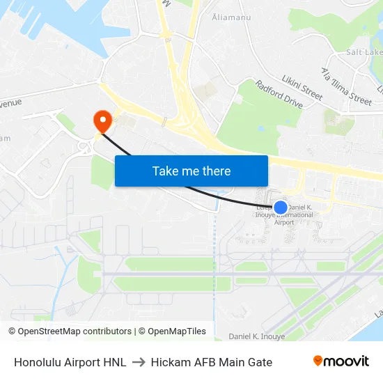 Honolulu Airport HNL to Hickam AFB Main Gate map