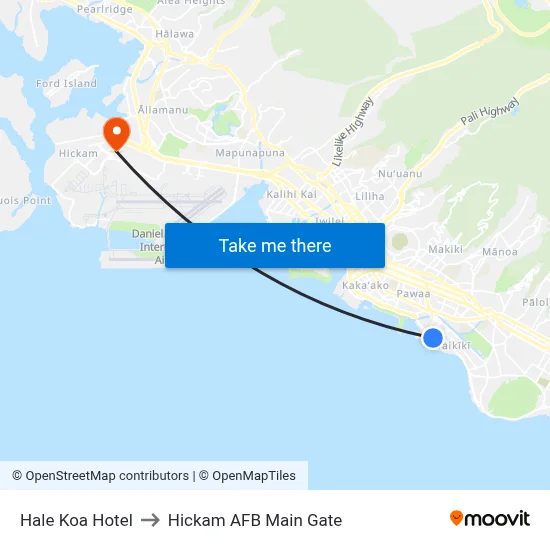 Hale Koa Hotel to Hickam AFB Main Gate map