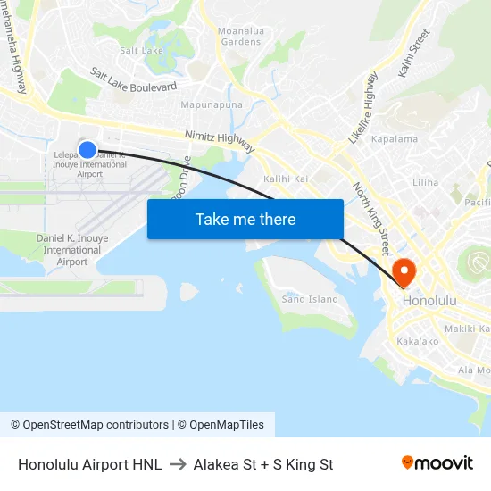 Honolulu Airport HNL to Alakea St + S King St map
