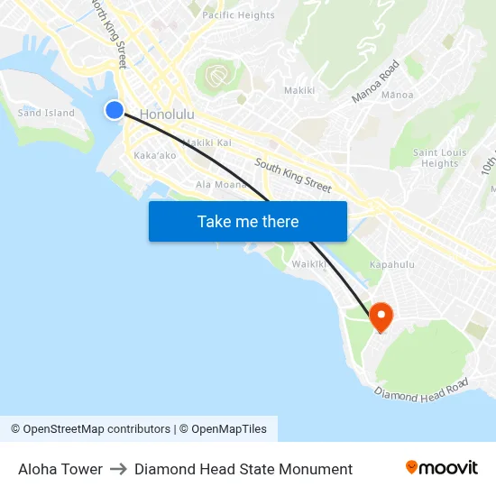 Aloha Tower to Diamond Head State Monument map