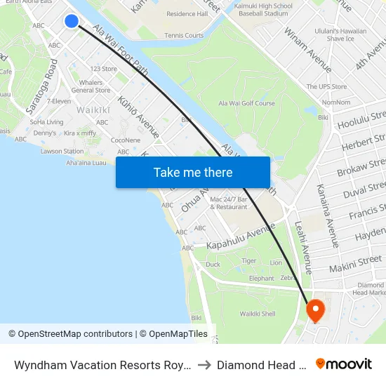 Wyndham Vacation Resorts Royal Garden at Waikiki Honolulu to Diamond Head State Monument map