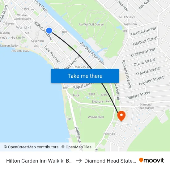 Hilton Garden Inn Waikiki Beach Honolulu to Diamond Head State Monument map