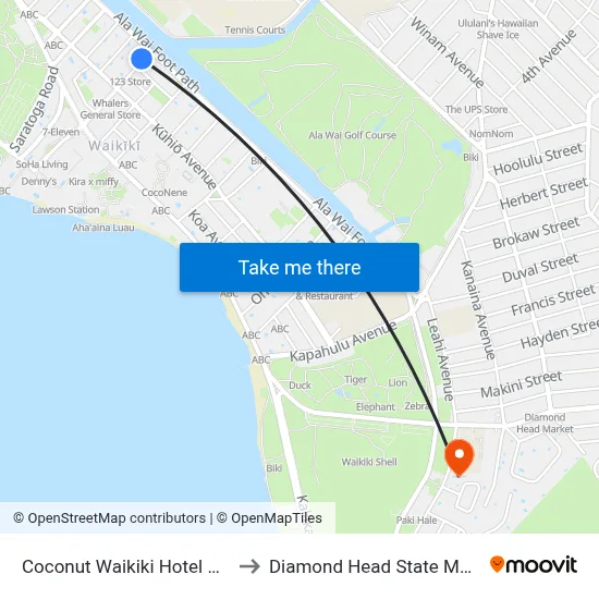 Coconut Waikiki Hotel Honolulu to Diamond Head State Monument map